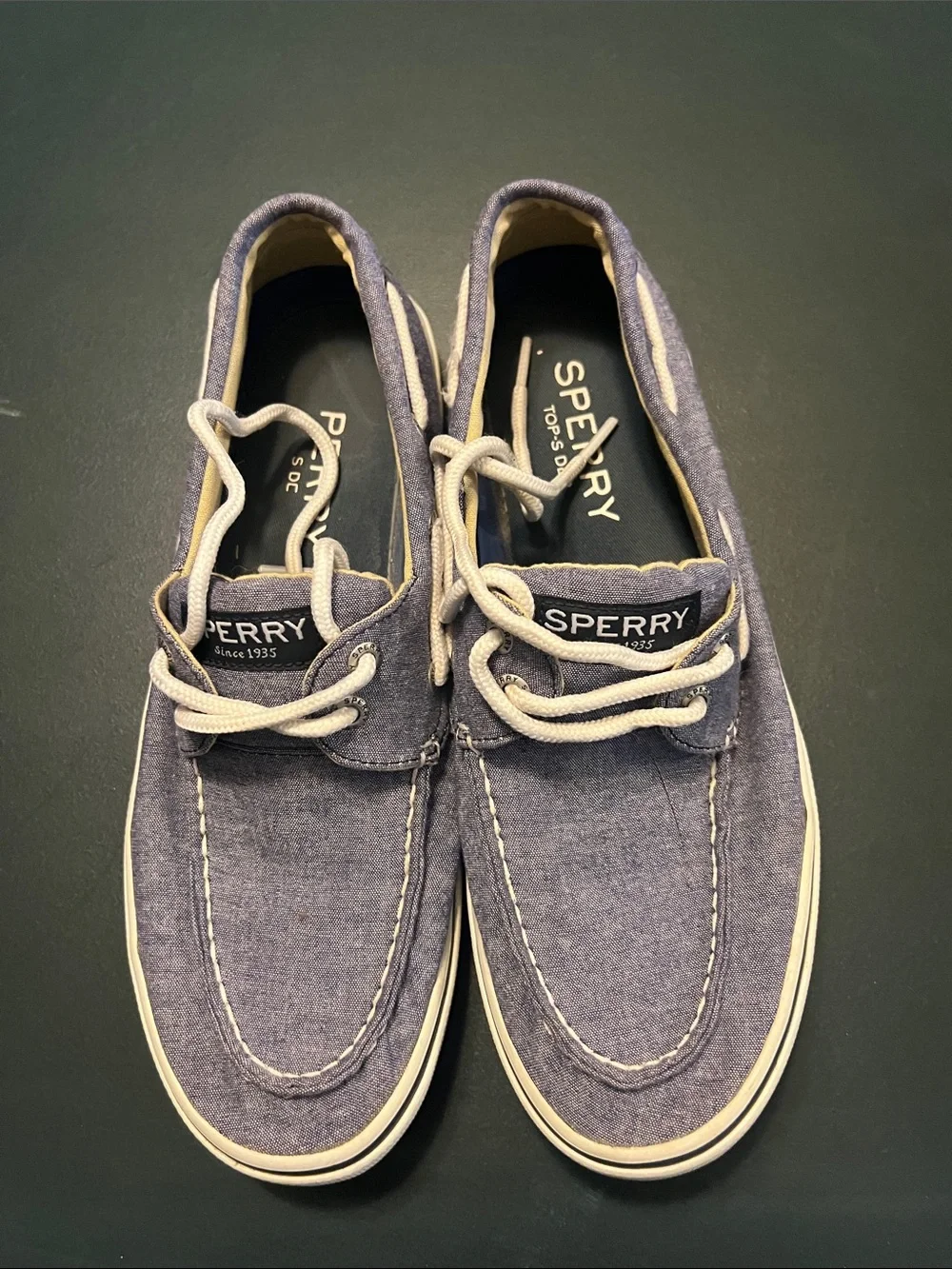 Sperry Men's Chambray Blue Canvas Boat Shoes with White Laces